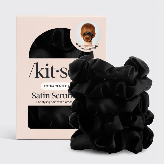KITSCH Black Satin Sleep Scrunchies 5pc Set — hero product shot — 5-piece black satin sleep scrunchie set — silky satin won't crimp hair while you sleep