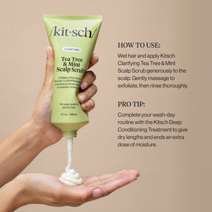 KITSCH Clarifying Tea Tree & Mint Scalp Scrub — how-to-use chart with a hand squeezing the scrub into an open palm — Comfortably whisks away buildup from styling products and leave-in treatments — massaging into a wet scalp
