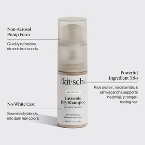 KITSCH Volumizing Rice Protein Dry Shampoo Invisible 1 oz — product infographic — Extends your hairstyle with instant volume and quick oil absorption — no added fragrance, packaging made with 30% PCR materials