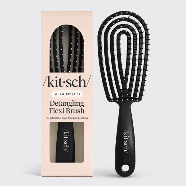 KITSCH Black Detangling Flexi Brush — hero product shot on a soft neutral background — Bendable brush frame flexes and comfortably adapts to your head — for a comfortable, ergonomic fit