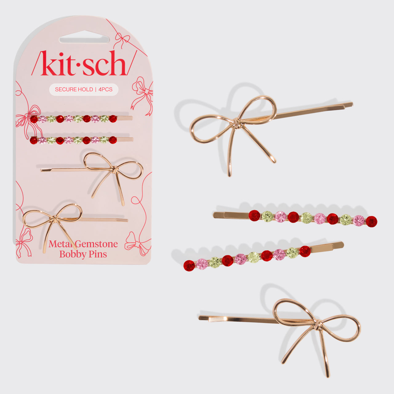 Red, Pink, & Green Gemstone and Bow Bobby Pins