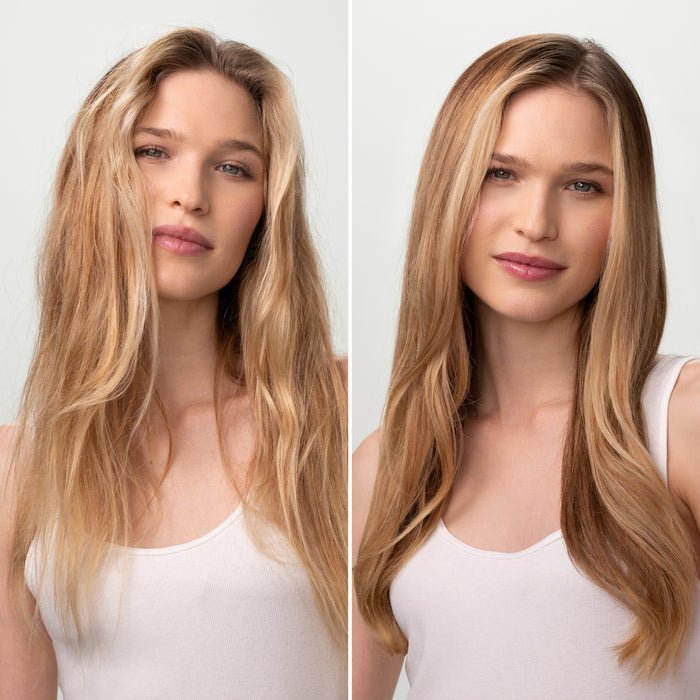 Side-by-side comparison of a woman with long blonde hair against a neutral background