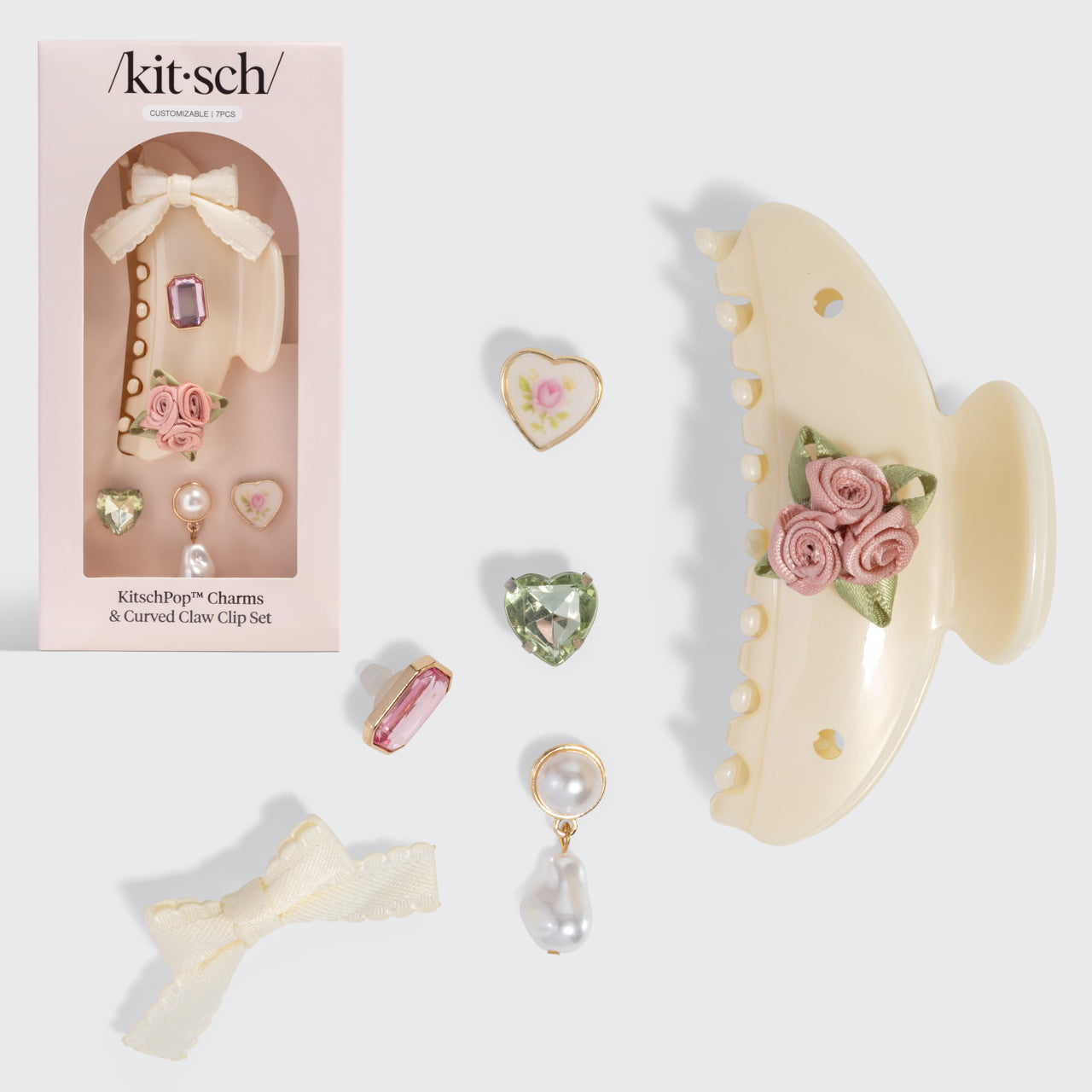 KitschPop™️ Curved Claw Clip & Charms in Pearlized Cream
