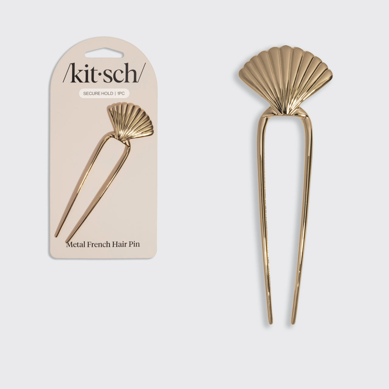 KITSCH Metal Clam Shell French Hair Pin Gold — hero product shot with /kit·sch/ packaging — Secure Hold | 1PC — Metal French Hair Pin with fan shell top — gold U-shaped pin beside packaging card — Quickly and easily secures buns, twists & updos