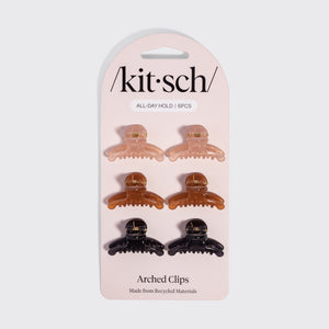 KITSCH Recycled Plastic Mini Arched Clips 6pc Set — product on front packaging, Soft Pink, Mocha & Black — Made from Recycled Materials — all-day hold