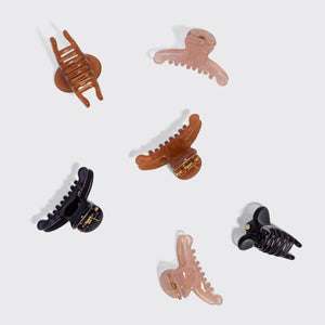 KITSCH Recycled Plastic Mini Arched Clips 6pc Set — clips scattered overhead view, Soft Pink, Mocha & Black — Made from Recycled Materials — all-day hold