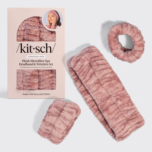Terracotta Kitsch Spa Headband & Wristlets 3pc Set with Kitsch packaging, featuring an ultra-plush microfiber headband and matching wristlets made from recycled fabric.