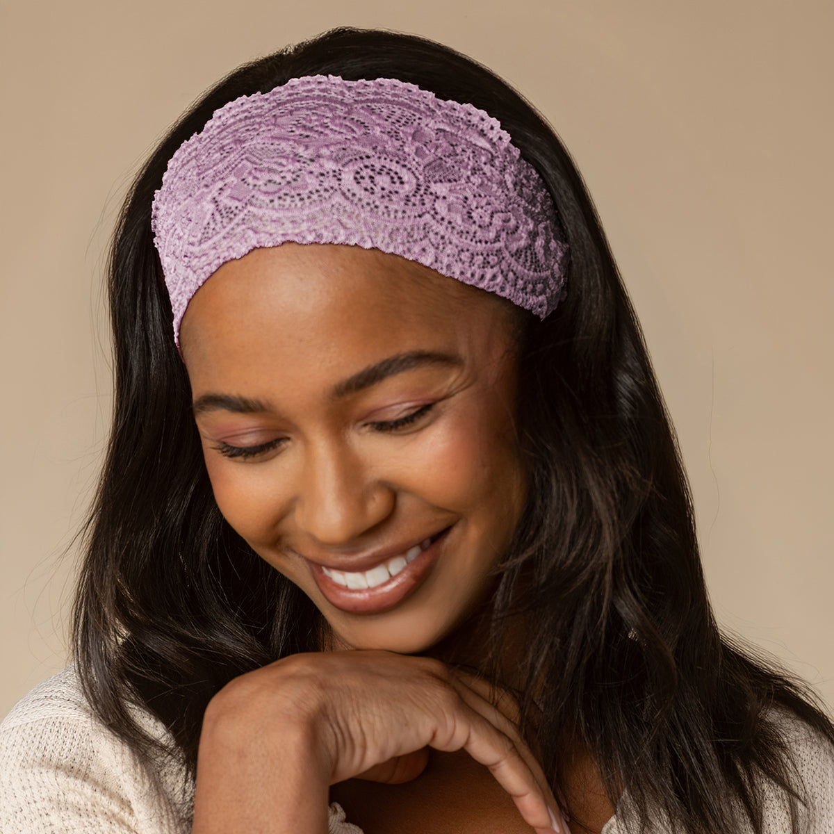 KITSCH Cherry Whimsy Hair Bundle — model wearing the dusty pink wide lace headband — pull your hair away from your face and add a pretty finishing touch — sweeping hair back