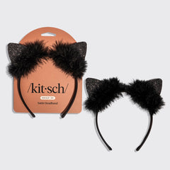 Black Glitter Satin Cat Ears Headband