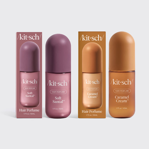 KITSCH Cozy Corner Duo: Soft Santal & Caramel Cream — hero product shot — two signature scents, one perfect pairing — refreshes hair between washes while doubling as an everyday fragrance for hair and body