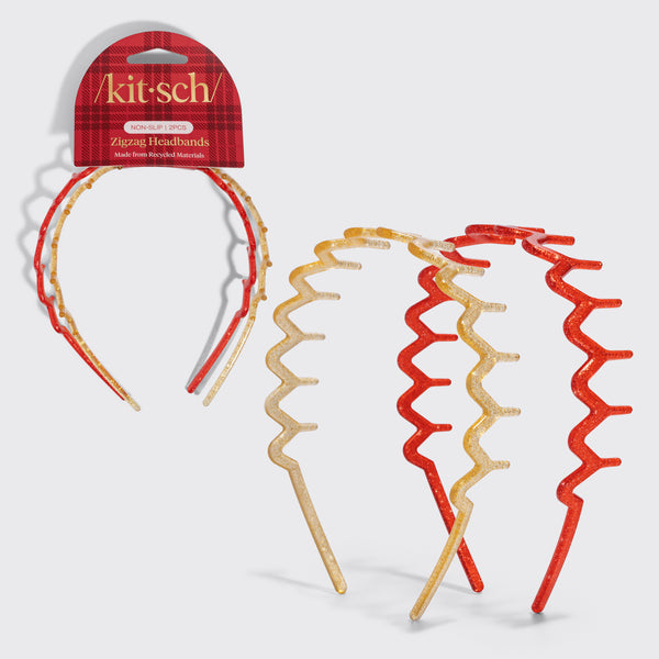 KITSCH Gold & Red Zig Zag Headbands 2pc Set — gold and red glitter zigzag headbands shown on and beside the red plaid Kitsch packaging card — Keeps hair comfortably away from the face — holiday outfits and everyday looks