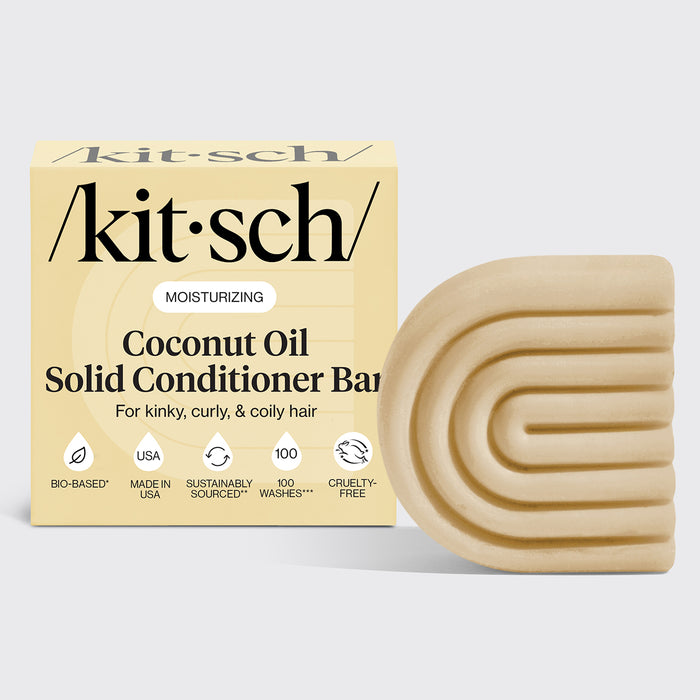 KITSCH Coconut Oil Conditioner Bar for Dry Damaged Hair — hero shot of deep moisturizing coconut oil solid conditioner bar — formulated with Fision® EcoSil clinically proven to increase shine after 5 uses — deeply nourishes & moisturizes kinky, curly, and coily hair