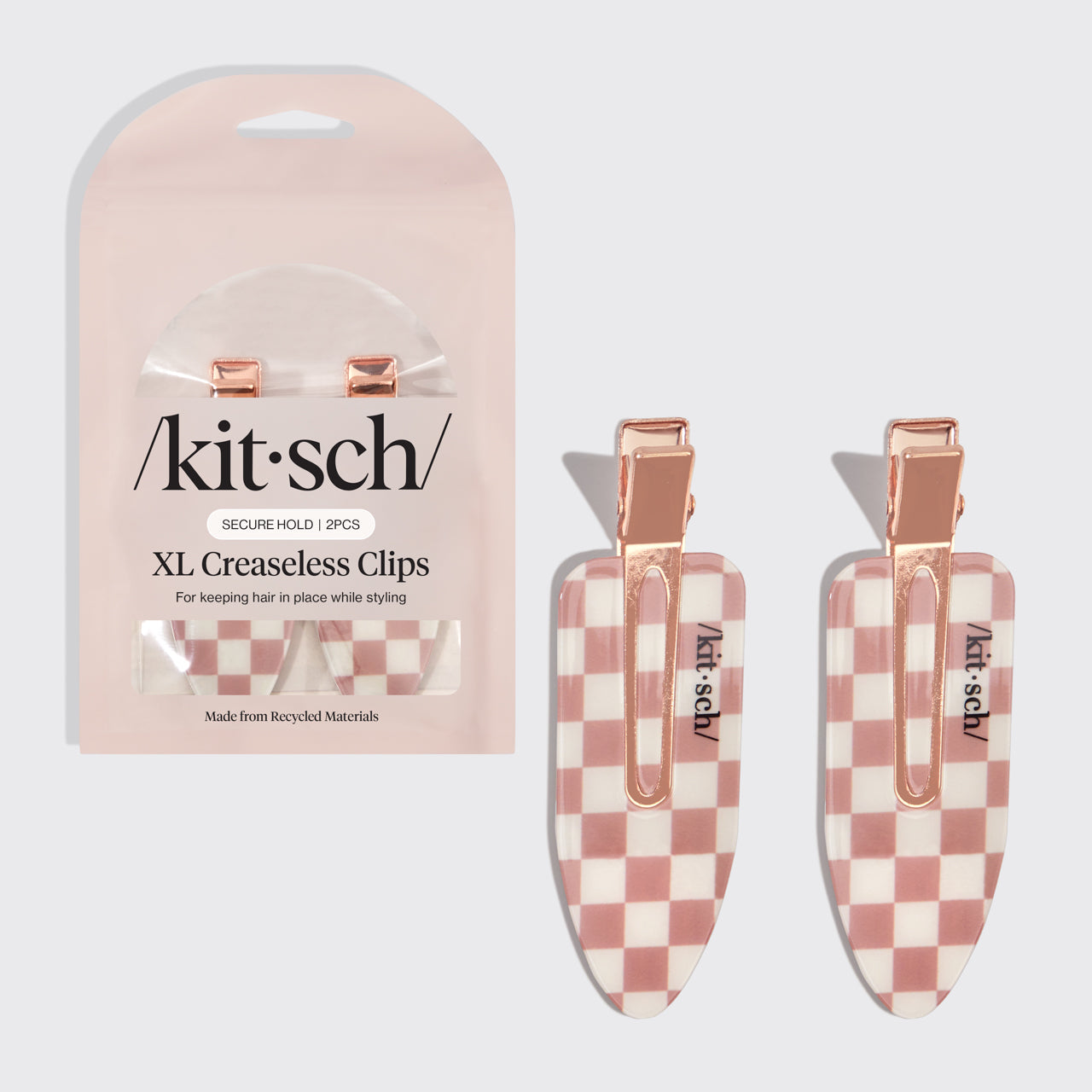 Kitsch XL Terracotta Checker Creaseless Clips 2pc Set shown with packaging on a gray background.