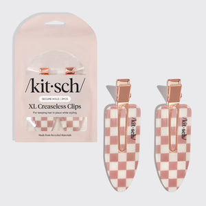 Kitsch XL Terracotta Checker Creaseless Clips 2pc Set shown with packaging on a gray background.