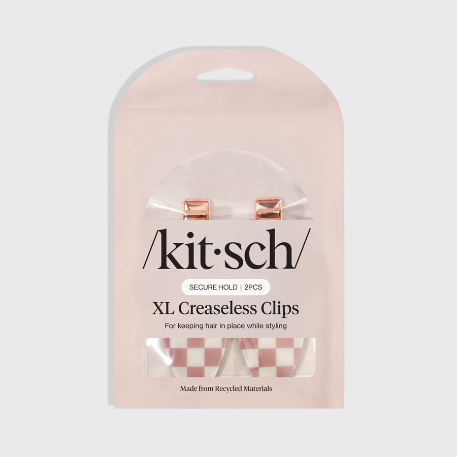 Kitsch XL Terracotta Checker Creaseless Clips 2pc Set in retail packaging on a gray background.