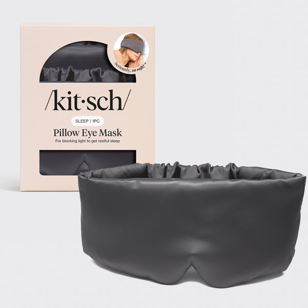 KITSCH Charcoal Satin Pillow Eye Mask — charcoal padded satin eye mask shown with its packaging card — pillowy-soft cushioned design delivers real comfort (not just darkness) — nightly sleep