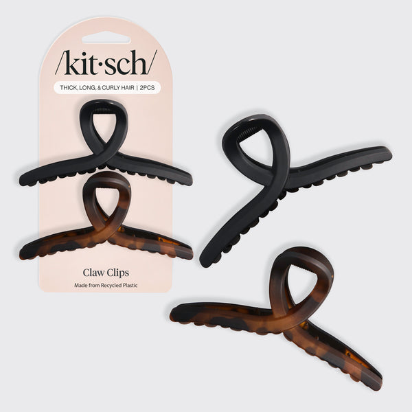 KITSCH Black & Tort Loop Claw Clips 2pc Set Large — black and tort loop clips shown with their packaging card — consciously created from recycled materials — everyday hair pinning
