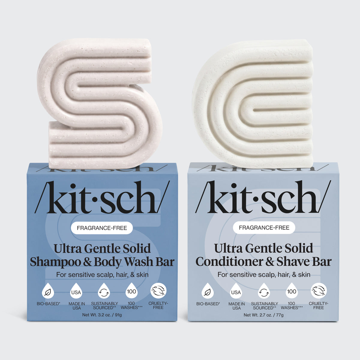Two boxes of Kitsch ultra gentle solid shampoo and conditioner bars on a white background