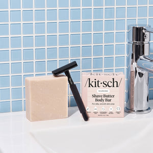 KITSCH Safety Razor & Shave Butter Bundle Black — hero product shot — Black Double-Edged Safety Razor + Solid Shave Butter — smoothest, closest shave — gender-neutral design