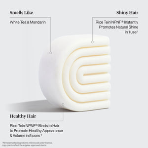 KITSCH Anti-Shedding Hair Essentials Bundle — infographic — Rice Water Conditioner Bar benefits callout (Rice Tein NPNF, instant shine, healthy hair volume) — reinforces strands without weight