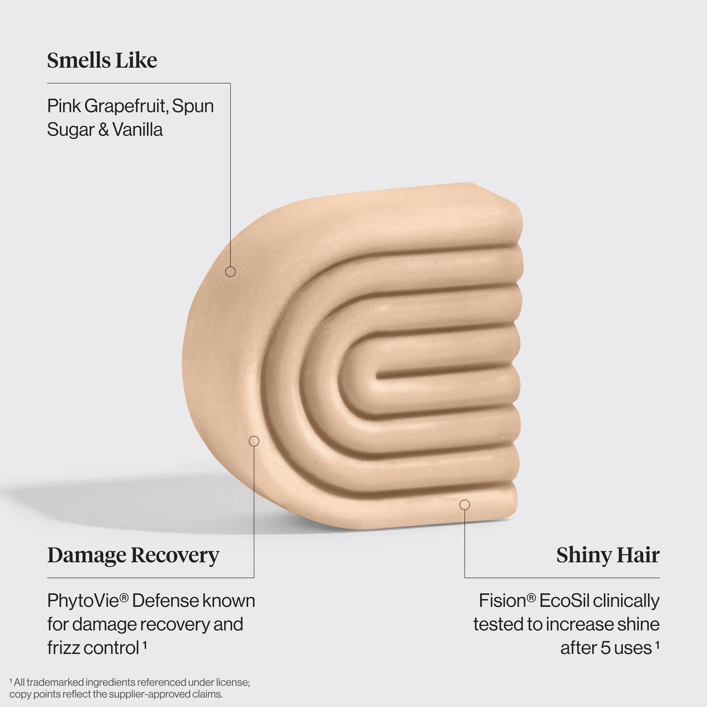 KITSCH Repairing Argan Oil Conditioner Bar — feature infographic on light background — Smells Like: Pink Grapefruit, Spun Sugar & Vanilla | Damage Recovery: PhytoVie® Defense known for damage recovery and frizz control | Shiny Hair: Fision® EcoSil clinically tested to increase shine after 5 uses — Formulated with Fision® EcoSil clinically proven to increase appearance of shine after 5 uses