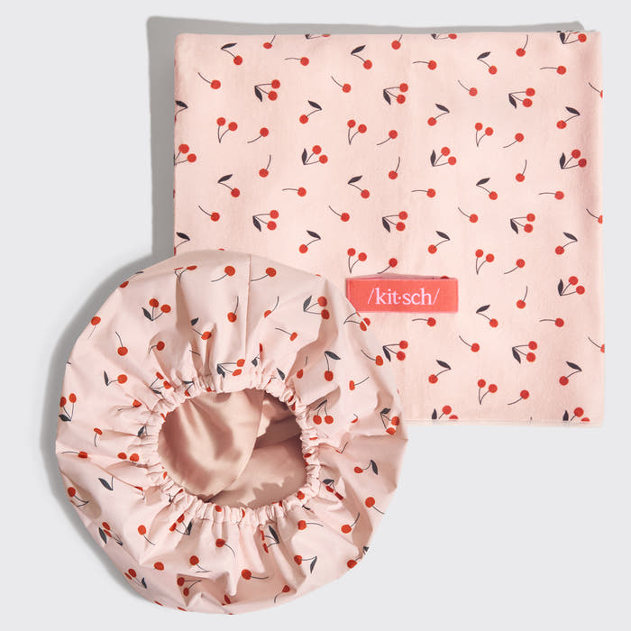 Cherry Print Satin Lined Flexi Shower Cap + XL Hair Towel Bundle