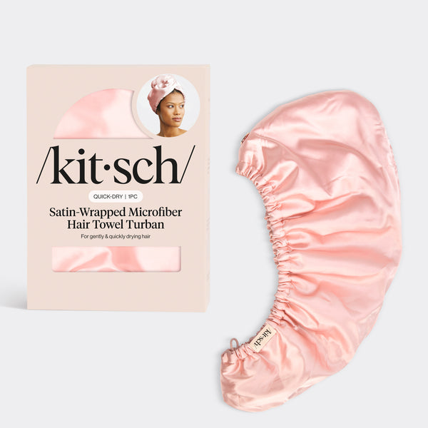 Kitsch Blush Satin Wrapped Hair Towel with packaging on a light gray background