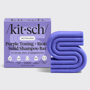 KITSCH Purple Toning Shampoo Bar for Color Treated & Grey Hair — hero shot of Biotin purple toning solid shampoo bar — world’s first solid purple shampoo bar with Biotin, neutralizes unwanted brassiness and yellow undertones — safe for color-treated, highlighted, grey & white hair