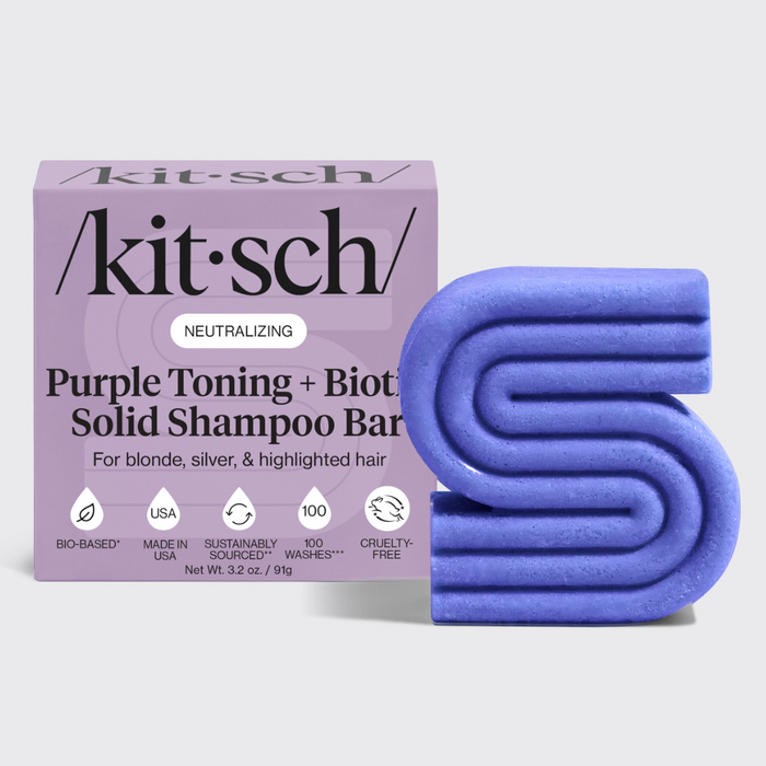 KITSCH Purple Toning + Biotin Solid Shampoo Bar 3.2oz — packaging reads: NEUTRALIZING, For blonde, silver, & highlighted hair — icons: Bio-Based, Made in USA, Sustainably Sourced, 100 Washes, Cruelty-Free — bottle-free solid bar shampoo, Net Wt. 3.2 oz / 91g