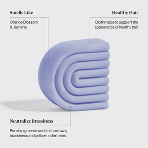 KITSCH Purple Toning Conditioner Bar for Color-Treated & Grey Hair — feature infographic on light background — Smells Like: Orange Blossom & Jasmine | Healthy Hair: Biotin helps to support the appearance of healthy hair | Neutralize Brassiness: Purple pigments work to tone away brassiness and yellow undertones — Enriched with Biotin to boost shine, reduce dullness & strengthen hair
