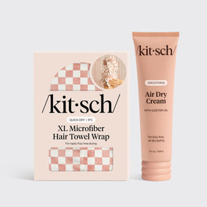 KITSCH The Air Dry Duo bundle hero shot — Smoothing Air Dry Cream and Terracotta Checker XL Quick-Dry Hair Towel Wrap styled together on a soft, warm-toned backdrop
