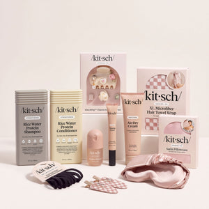 KITSCH Back to School Bundle — full hero shot of all 10 included essentials: Rice Water Shampoo & Conditioner Duo, XL Hair Towel Wrap, Air Dry Cream, Mini Hair Perfume, KitschPop Claw Clip, Taming Wand, Creaseless Clips, Satin Pillowcase, Contour Eye Mask, and Seamless Hair Elastics