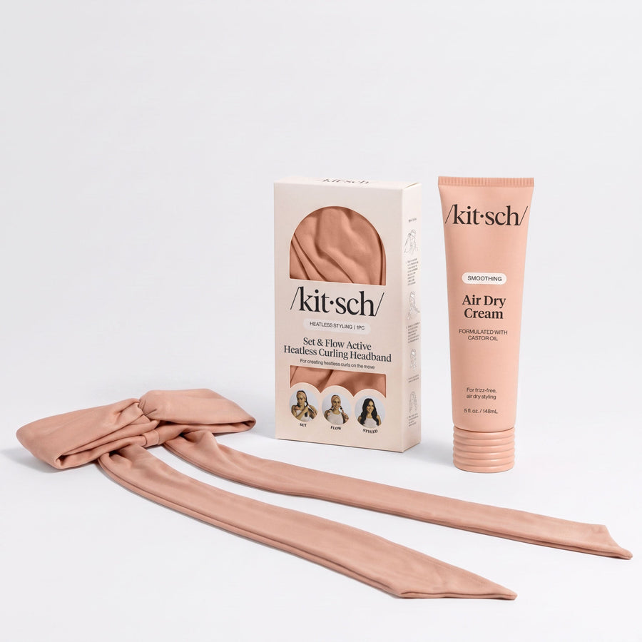 Kitsch Air Dry Cream and terracotta Set & Flow Active Heatless Curling Headband arranged with packaging.