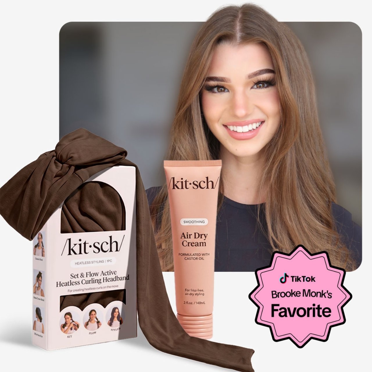 Brooke Monk with Kitsch Air Dry Cream and chocolate Set & Flow Active Heatless Curling Headband.