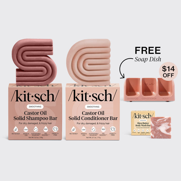 KITSCH Nourishing Castor Oil Self Draining Terracotta Soap Dish Bundle — hero bundle flat lay on light gray background — Castor Oil Solid Shampoo Bar + Solid Conditioner Bar + Shea Butter Body Wash Bar + FREE terracotta self-draining soap dish — $14 OFF — For dry, damaged, & frizzy hair — Holds all 3 bars at once