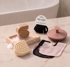 Coconut Oil: Kitsch Free Welcome Kit with Coconut Oil shampoo and conditioner bars, Terracotta Scalp Exfoliator, Blush Shampoo Bar Bag, Black Conditioner Bar Bag, and Black Seamless Hair Elastics.