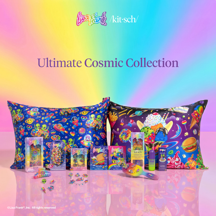 KITSCH Lisa Frank x Kitsch Ultimate Cosmic Collection — full Lisa Frank x Kitsch collection displayed in front of the Zoomer & Zorbit and Saturn Sundae satin pillowcases on a rainbow backdrop — full cosmic lineup, head-to-toe routine — detangle, style, scent, and sleep