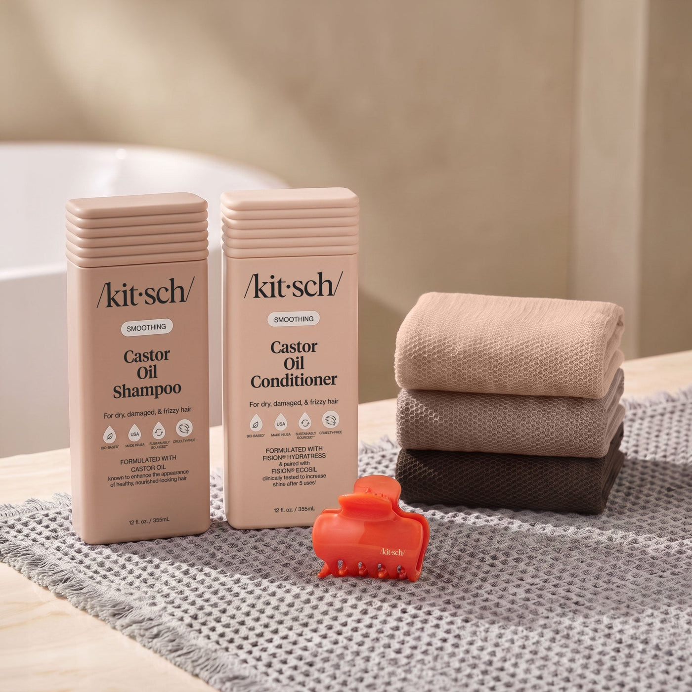 Kitsch Castor Oil Shampoo and Conditioner Summer Welcome Kit with free African Net Sponge and Quick-Dry Bath Mat
