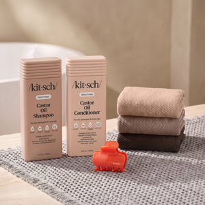 Kitsch Castor Oil Shampoo and Conditioner Summer Welcome Kit with free African Net Sponge and Quick-Dry Bath Mat