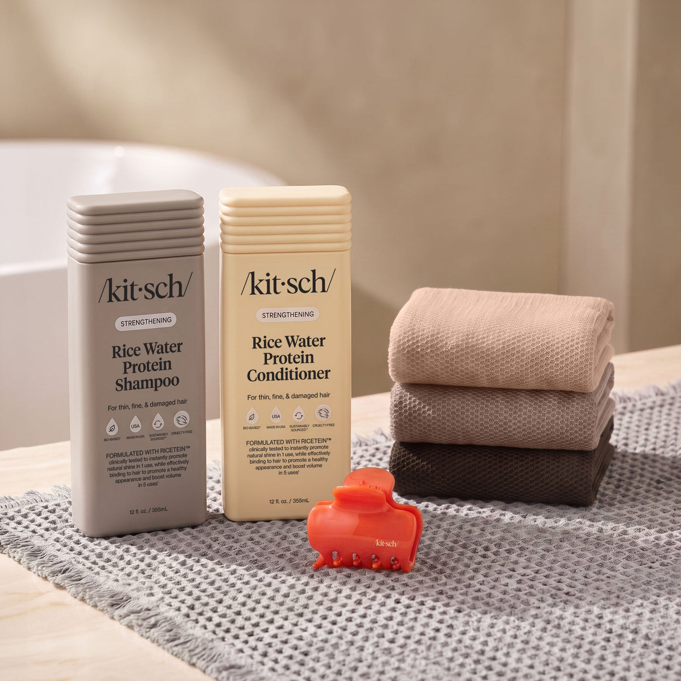 Kitsch Rice Water Shampoo and Conditioner Summer Welcome Kit with free African Net Sponge and Quick-Dry Bath Mat